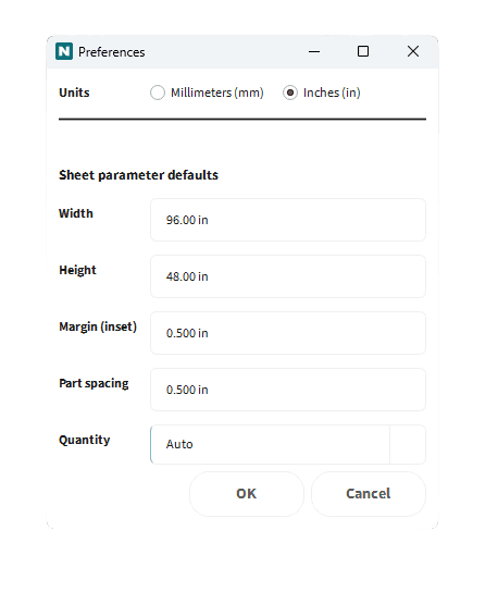 Nice Fit Preferences dialog showing sheet defaults and imperial or metric units