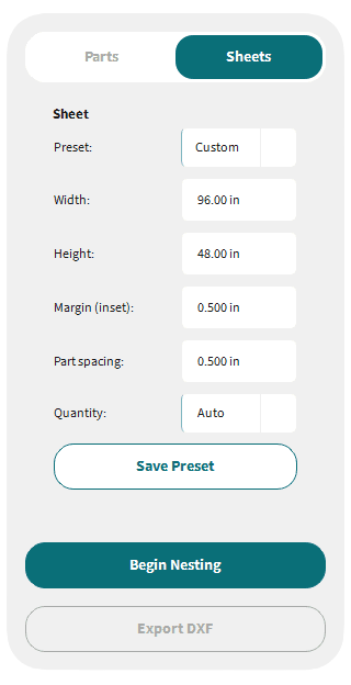 Prepare sheet size, quantity, and cutting parameters in Nice Fit